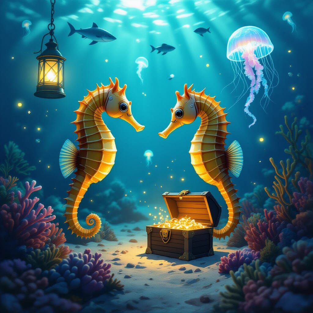 Bioluminescent Coral Reef with Seahorses and Sharks