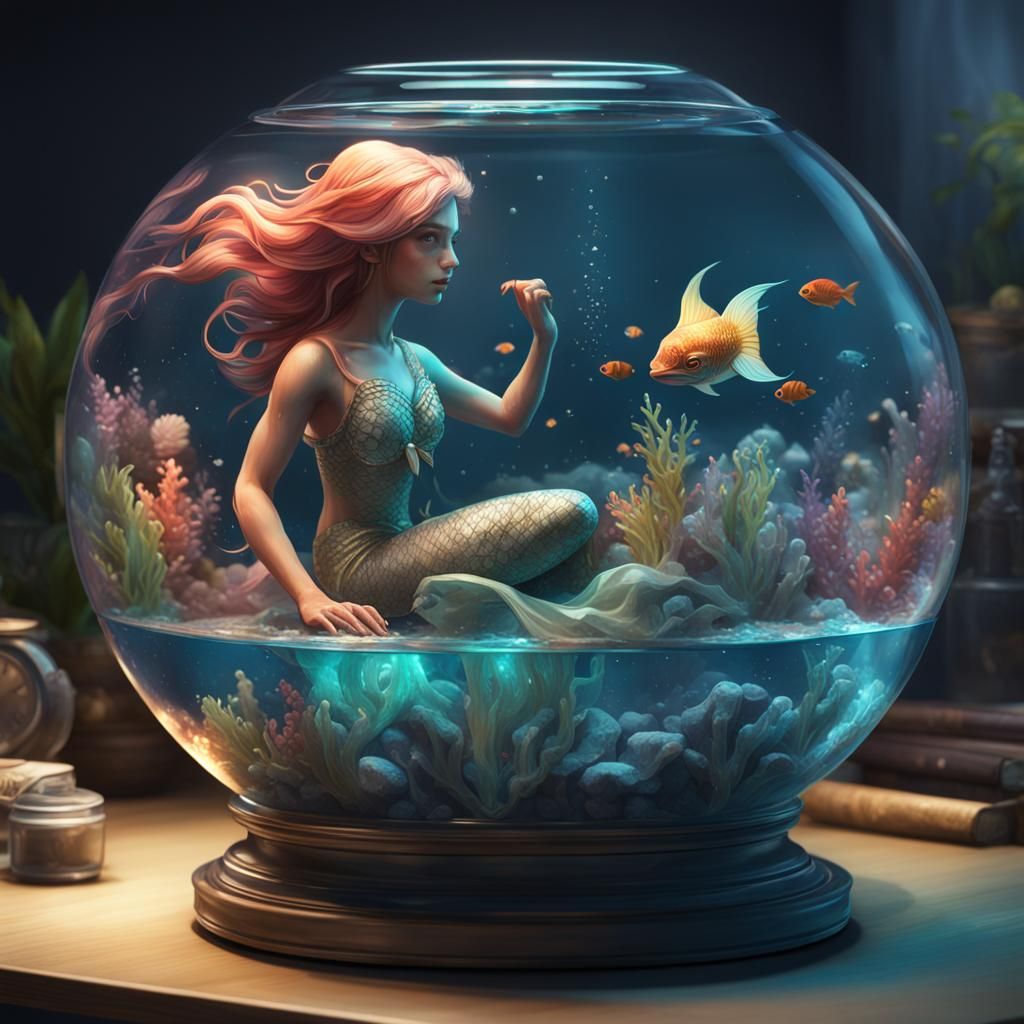 Tiny Mermaid in Fishbowl: Hyperdetailed Concept Art