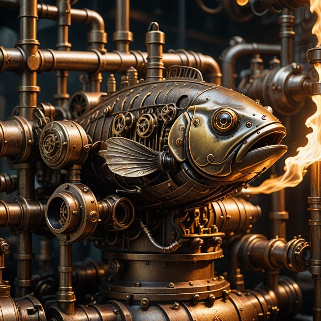 Steampunk Fish Boil in Golden Brass Engine
