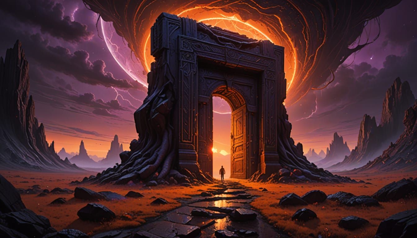 Mysterious Door Opens To Cosmic Vortex in Alien Landscape