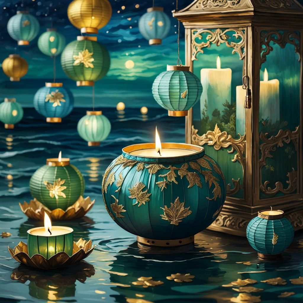 Floating Lanterns in Blue and Gold Oil Painting