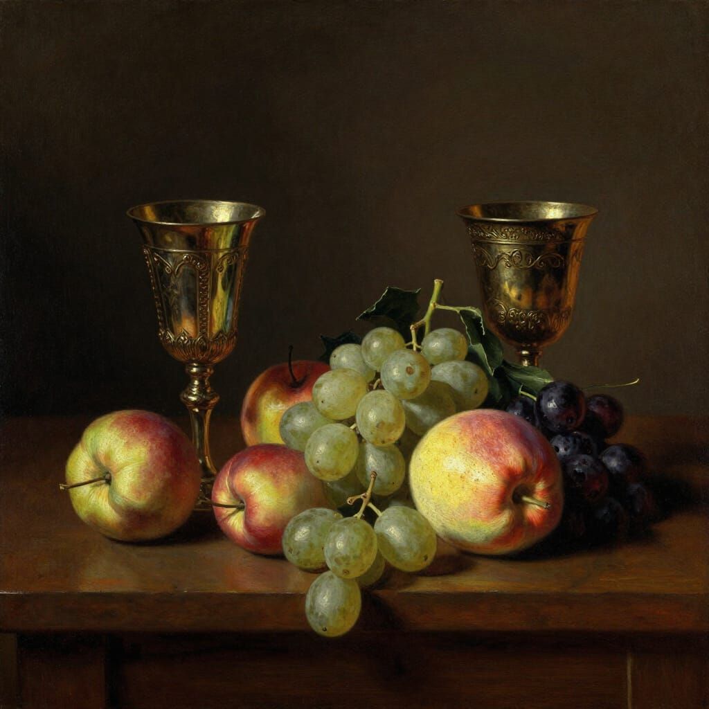 Classical Oil Still Life: Fruits and Goblets