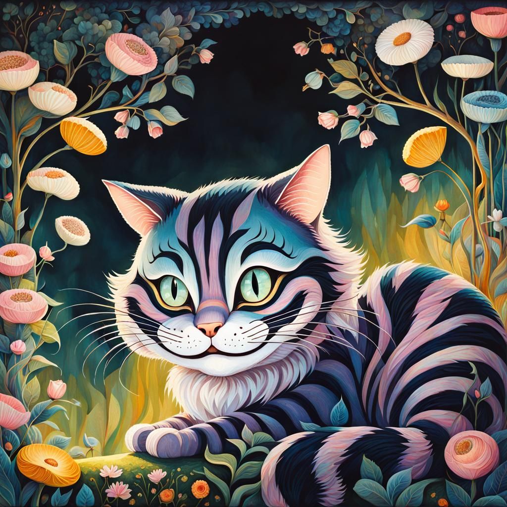 Mischievous Cheshire Cat with Ornate Floral Background