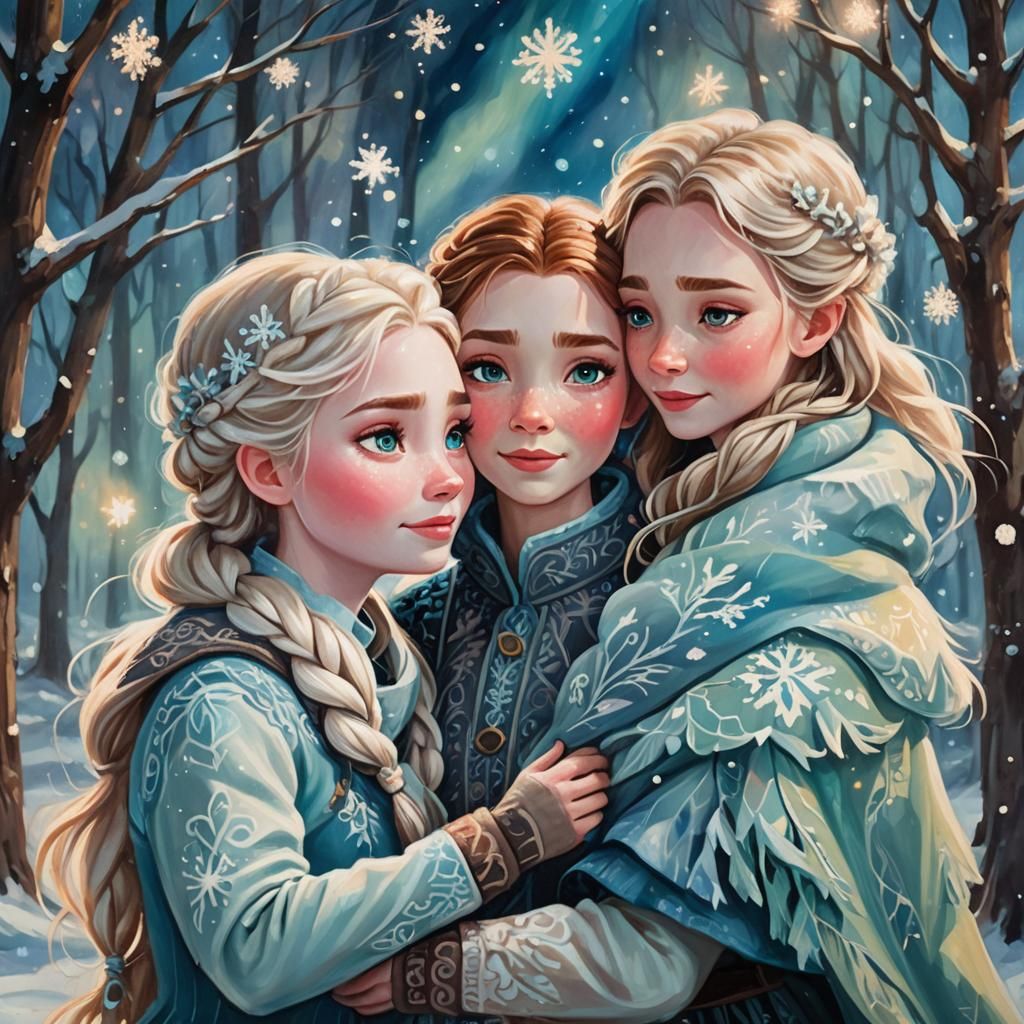 Elsa, Anna, and Olaf in Whimsical Nordic Portrait