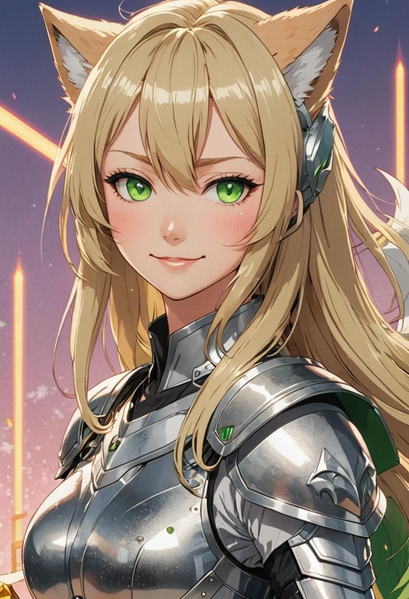 Anime Girl with Fox Ears in Silver Armor