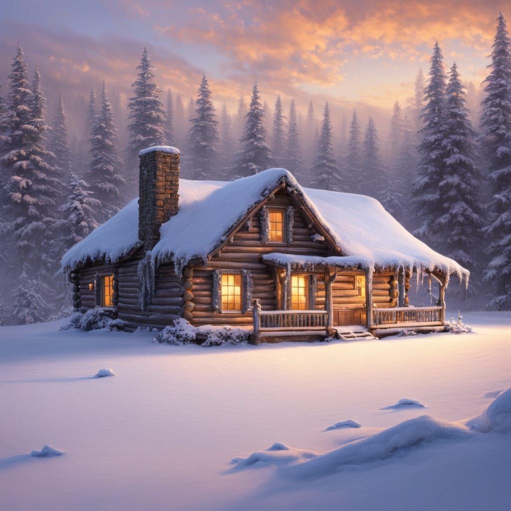 Snow-Kissed Log Cabin in Serene Winter Wonderland