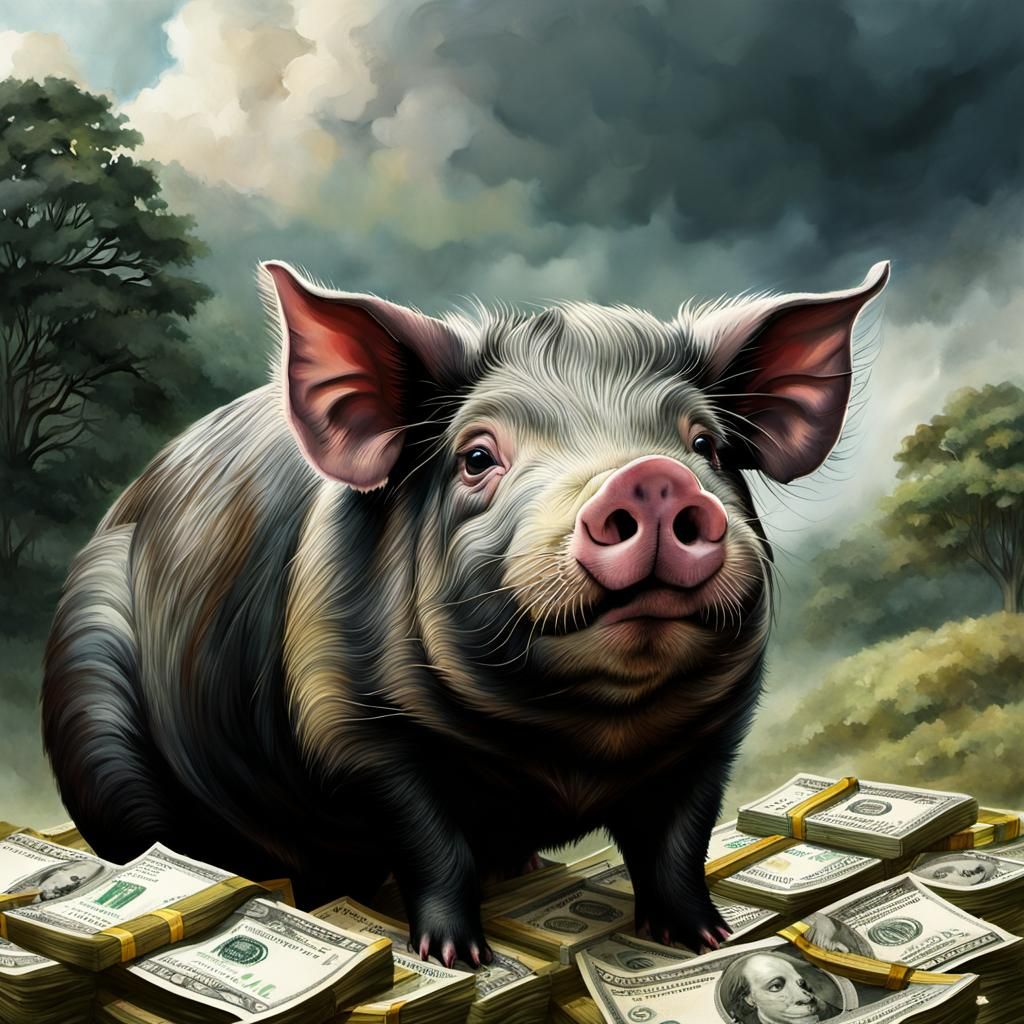 Potbelly Pig on Hill of Money: Washed-Out Watercolor