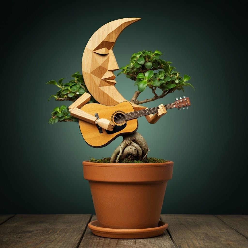 Surreal Bonsai Tree Musician Plays Guitar in Abstract Geomet...
