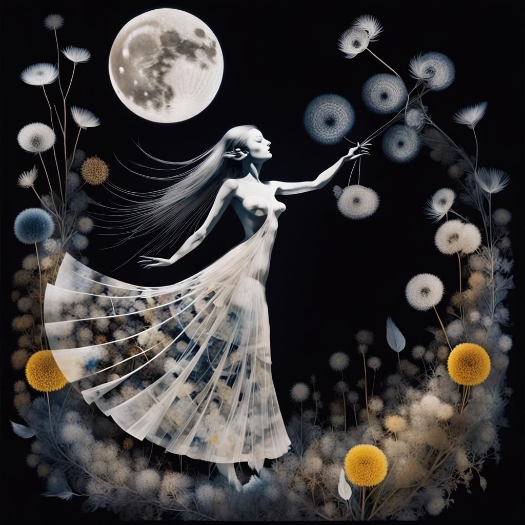 Surreal Floral Moon Woman Photogram in Dreamscape