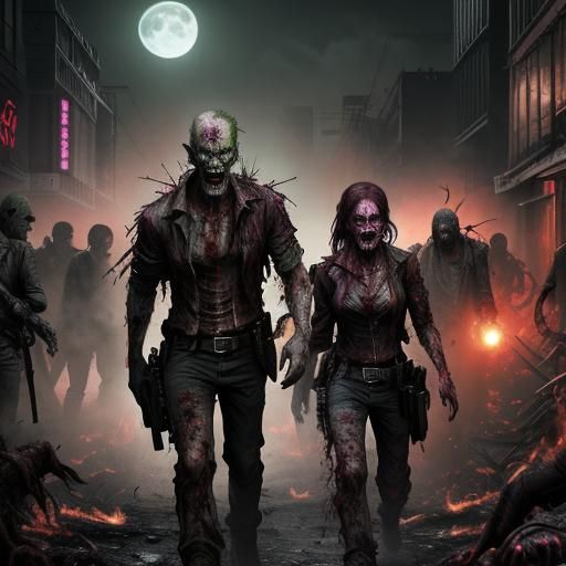 Neon Zombies Attack Burning City: Digital Matte Painting
