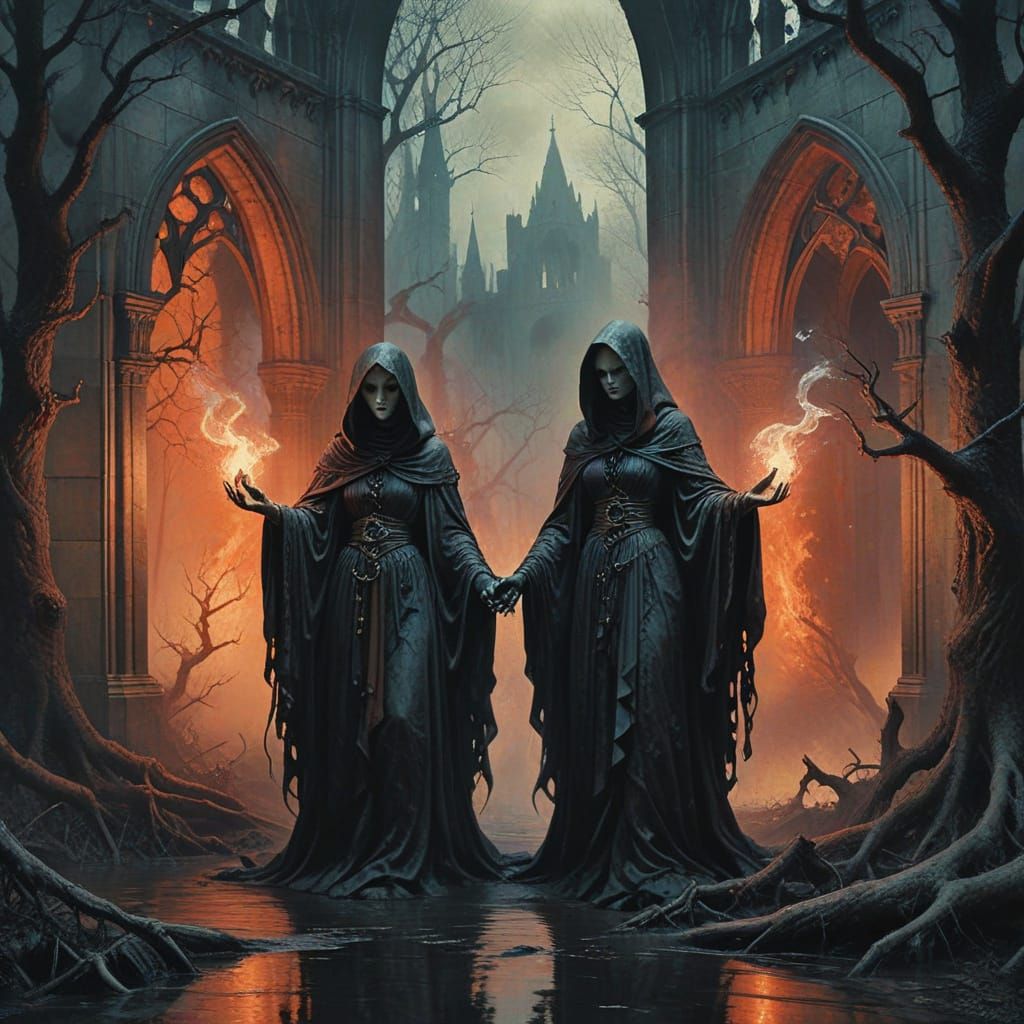 Gothic Witches Weaving Magic in Moody Pastel Tones