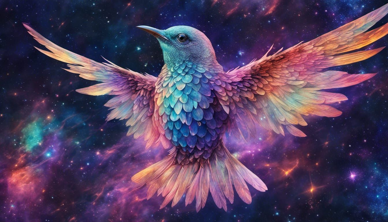 Crystal Bird Soaring Through Iridescent Nebula