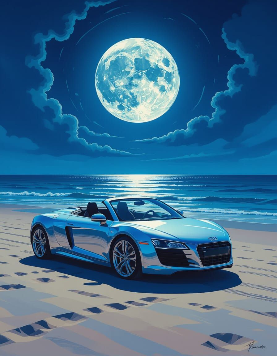 Chrome Audi R8 on Moonlit Beach, Surreal Dreamscape