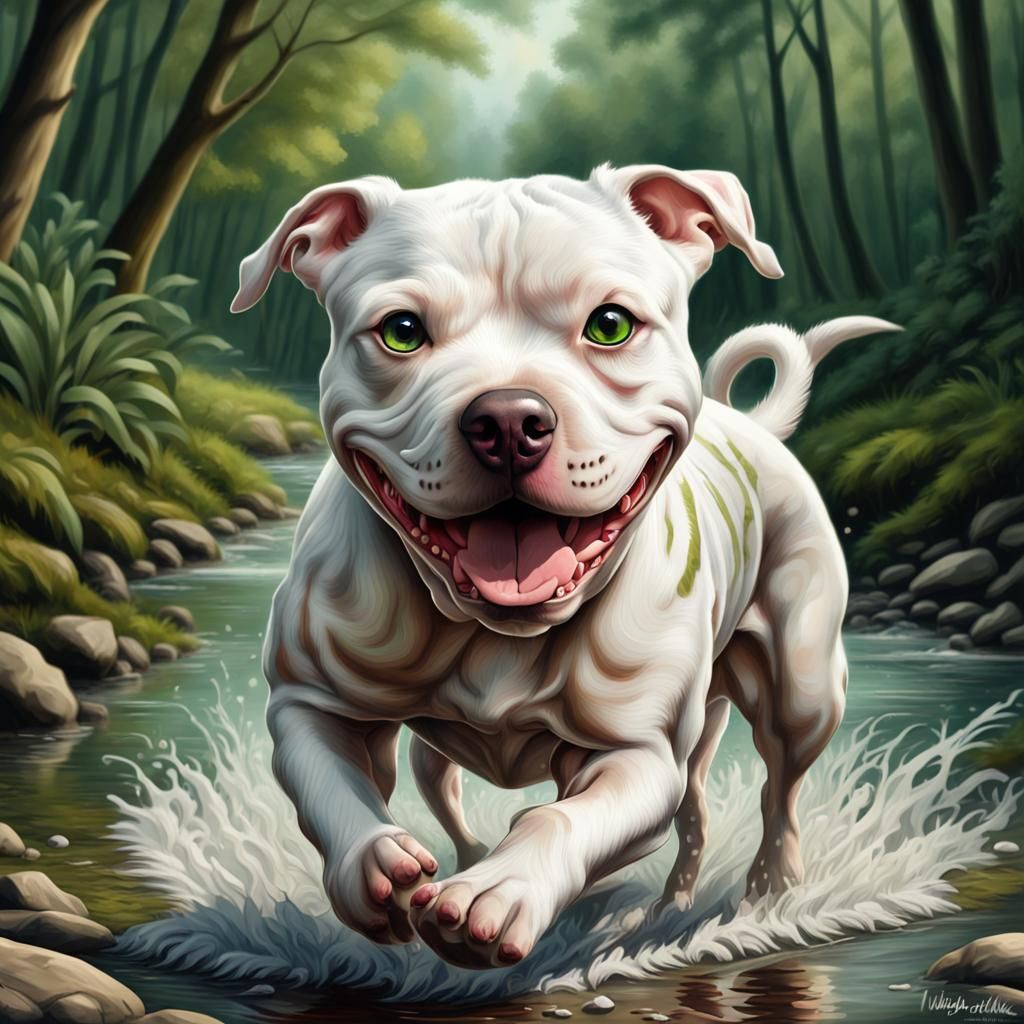 Cute Smiling Pitbull Running in River: Hyperrealistic Action