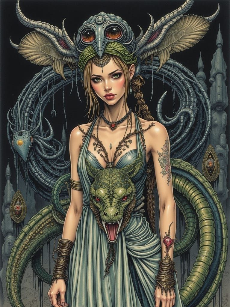 Watercolor Woman with Serpent Patterns and Megalodon Statue