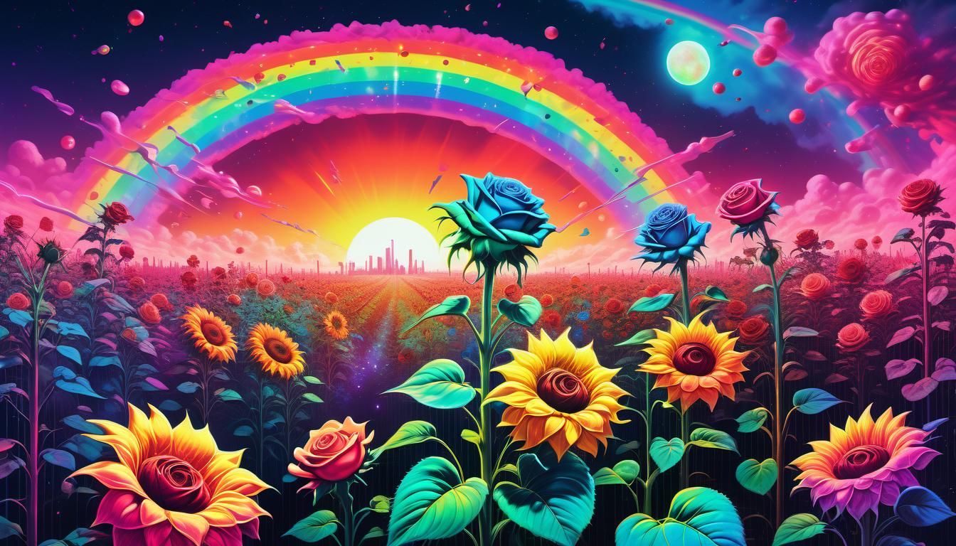 Surreal Rose Garden Rainbow in Cyberpunk Style