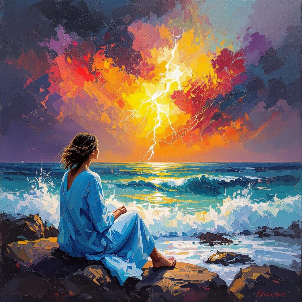 Mature Woman by Crashing Sea in Abstract Expressionism Style