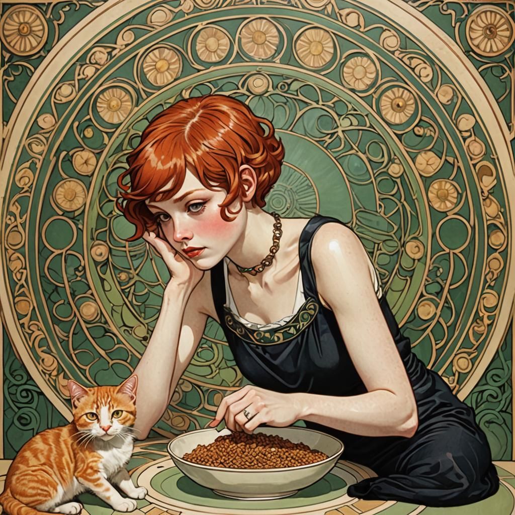 Redhead Girl Hypnotized to Eat Cat Food, Art Nouveau