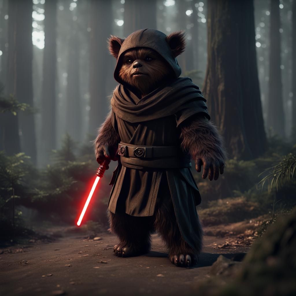 Ewok Warrior in Black Armor with Lightsaber