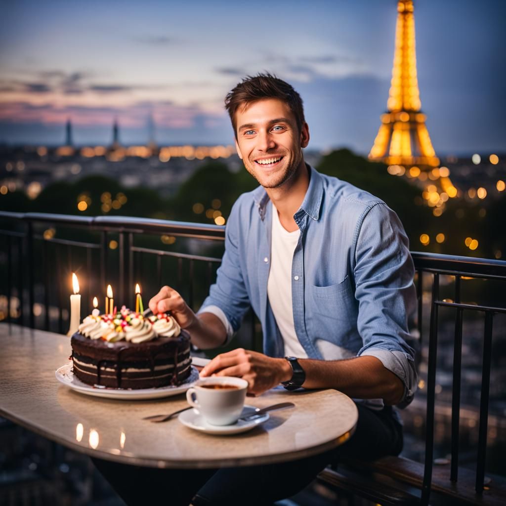 Smiling Man Eating Cake in Paris at Night