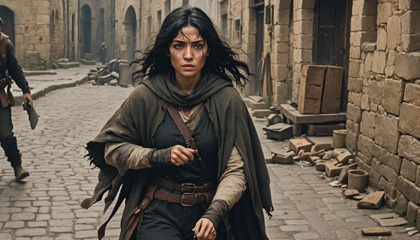 Woman Escaping Robbers in Medieval Setting