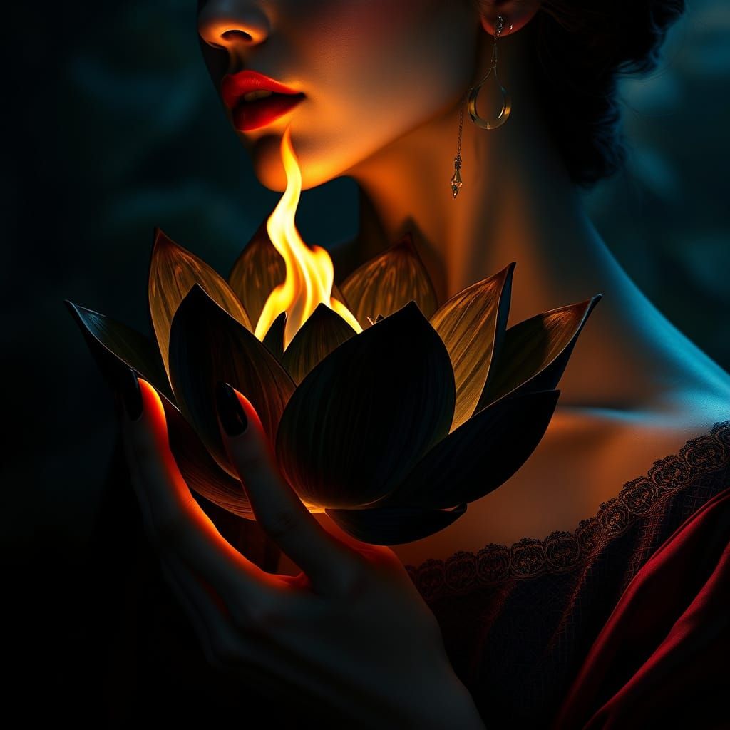Woman with Black Lotus in Art Nouveau Style