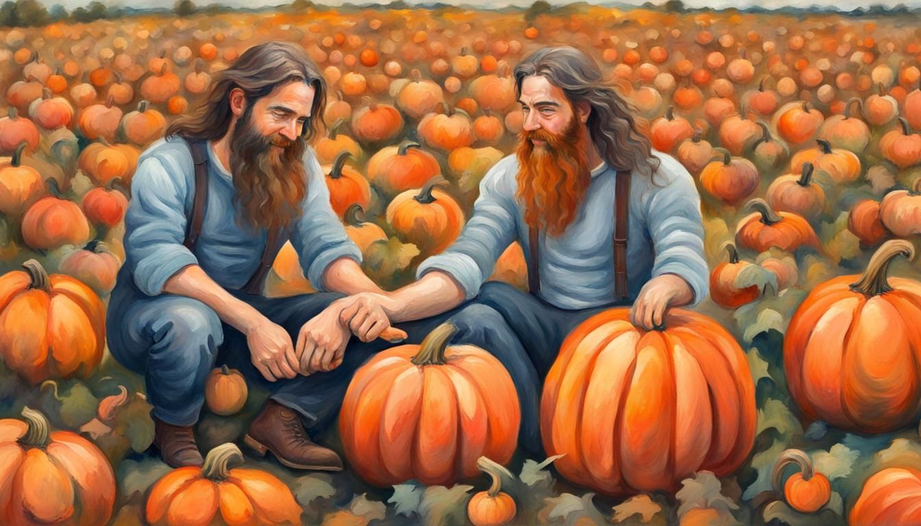 Happy Men in Pumpkin Patch: Gouache Watercolor Art