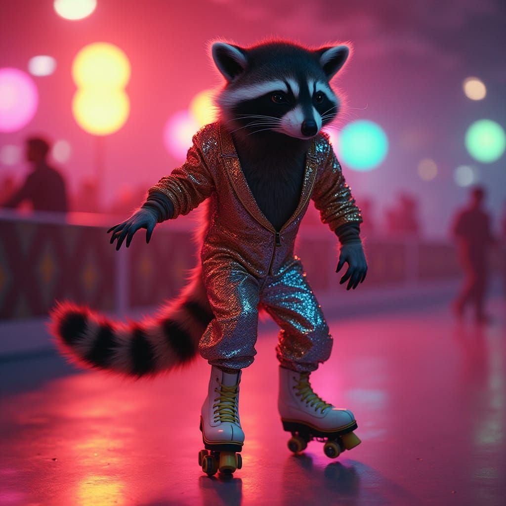 Raccoon's Disco Roller Boogie: 70s Pop Art Style