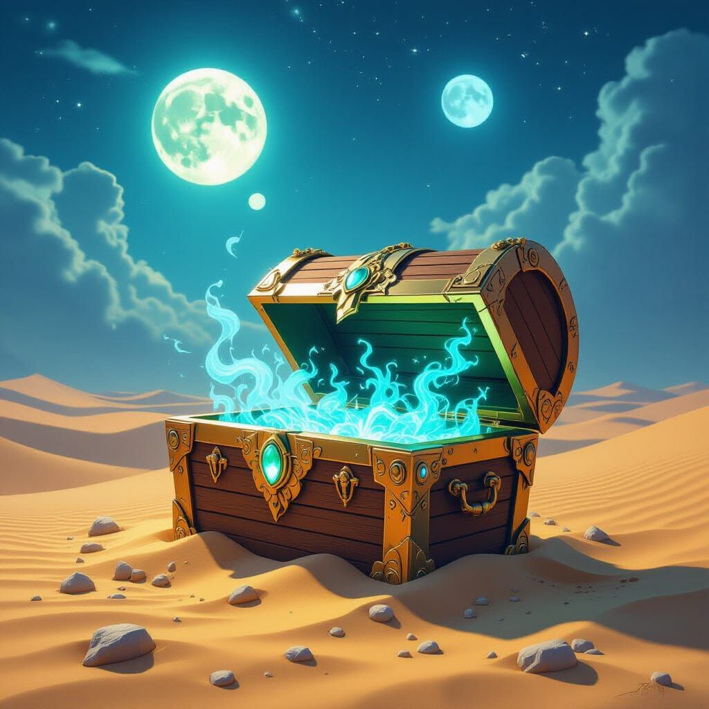 Jewel-Encrusted Treasure Chest in Desert Oasis