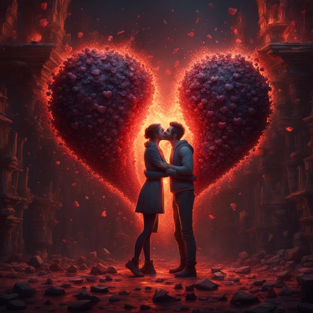 exploding heart, happiness, dark ambiance, people hugging