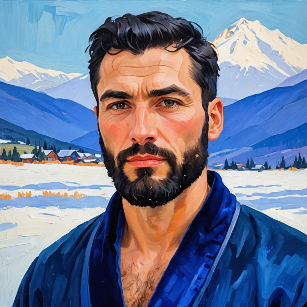 Man in Blue Robe: Neo-Impressionist Impasto Portrait