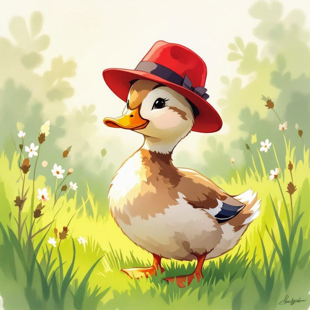 Cute Duck in Red Fedora in Sunny Meadow