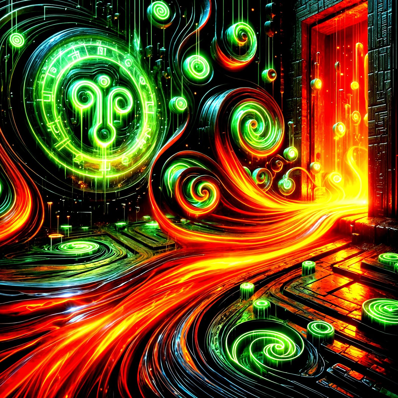 Abstract Neon Symbols in a Surreal Chamber