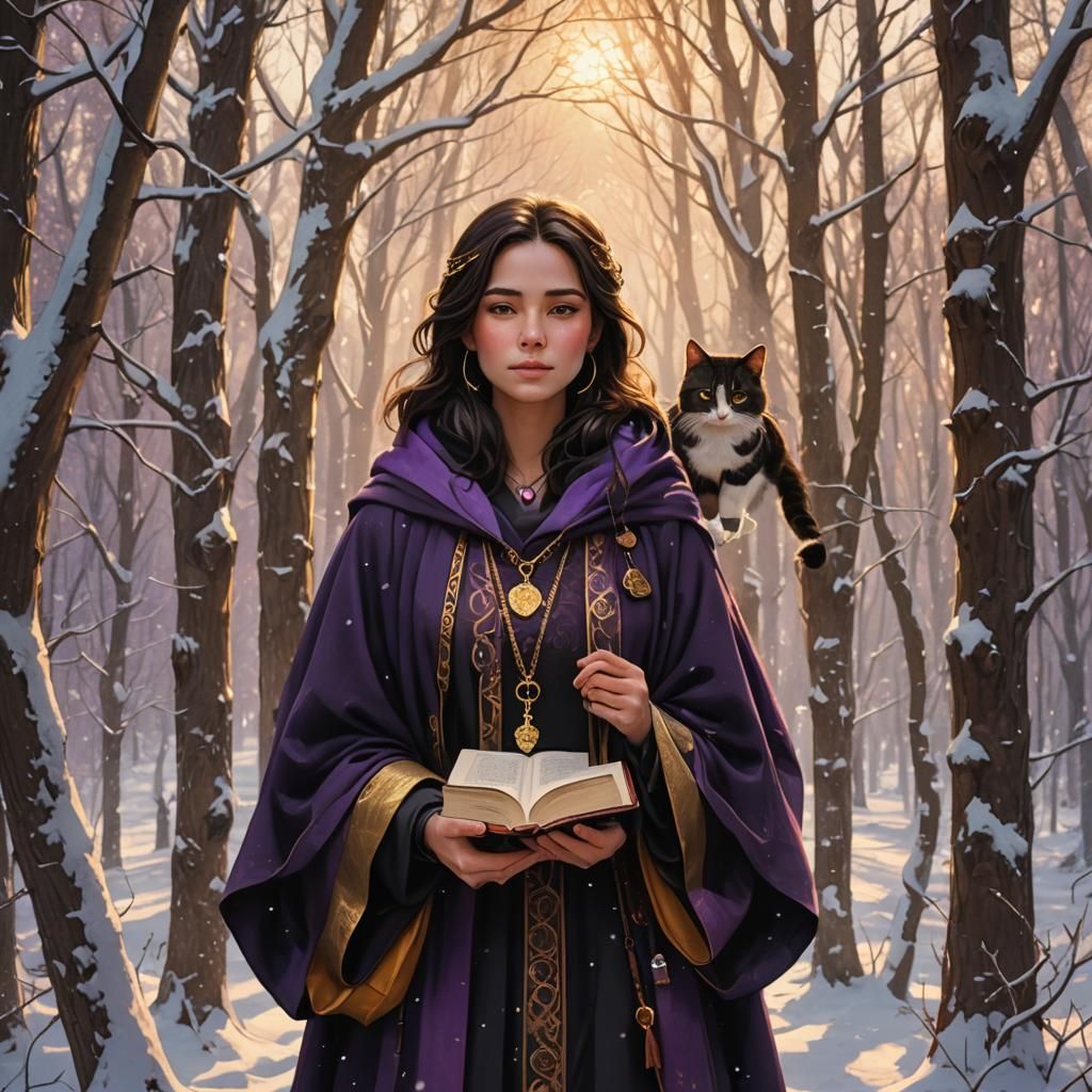 Girl with Cat in Snowy Forest, Fantasy Art
