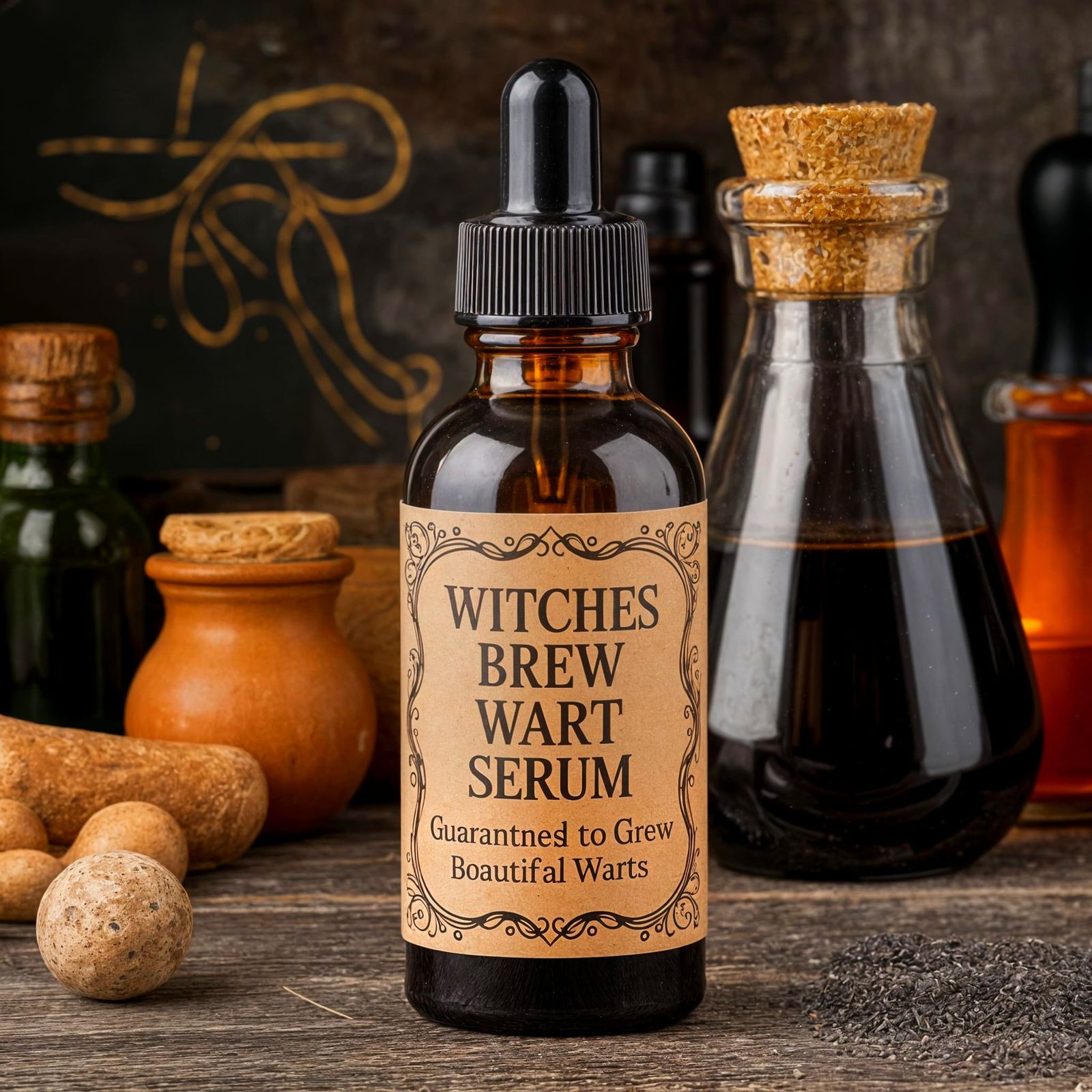 A Dark Brown Bottle of Wart Serum in an Old Apothecary Setti...