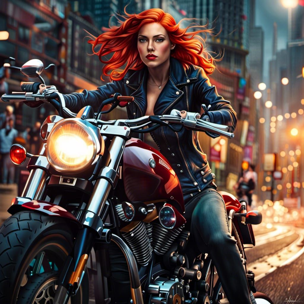 Redhead Biker Girl Illustration in Hyperrealistic Style