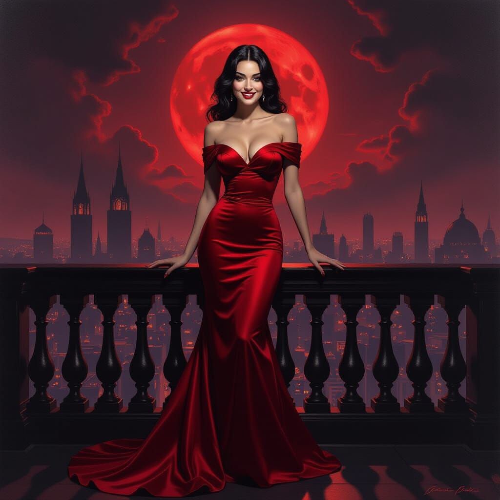 Voluptuous Woman in Crimson Gown on Obsidian Balcony