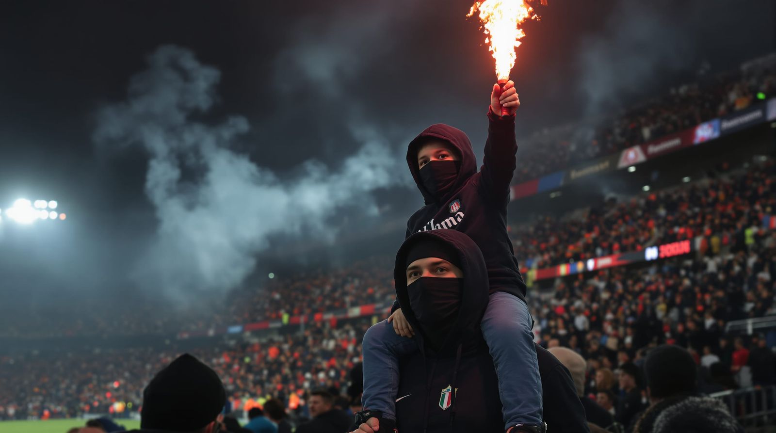 Father Carries Son with Flare in Packed Football Stadium