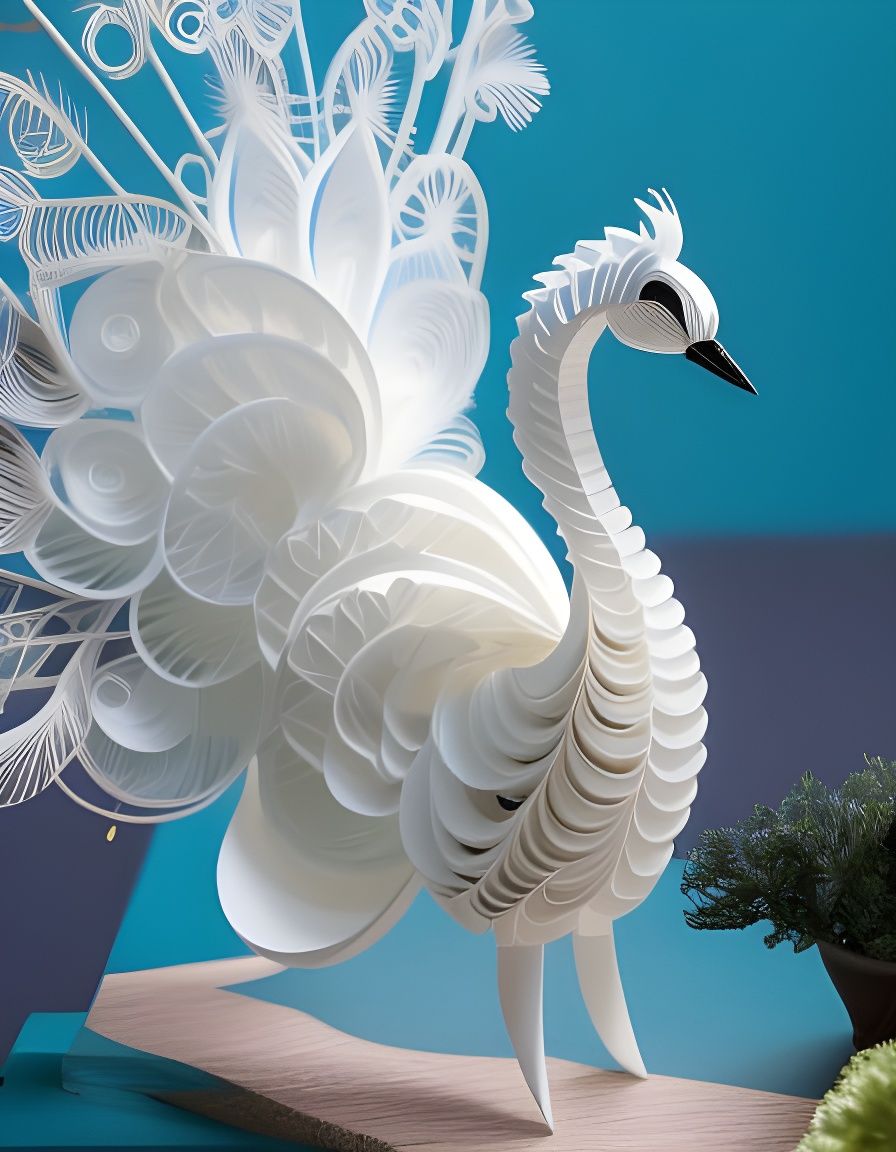 Intricate Papercrafted White Peacock with Swirling Plumes