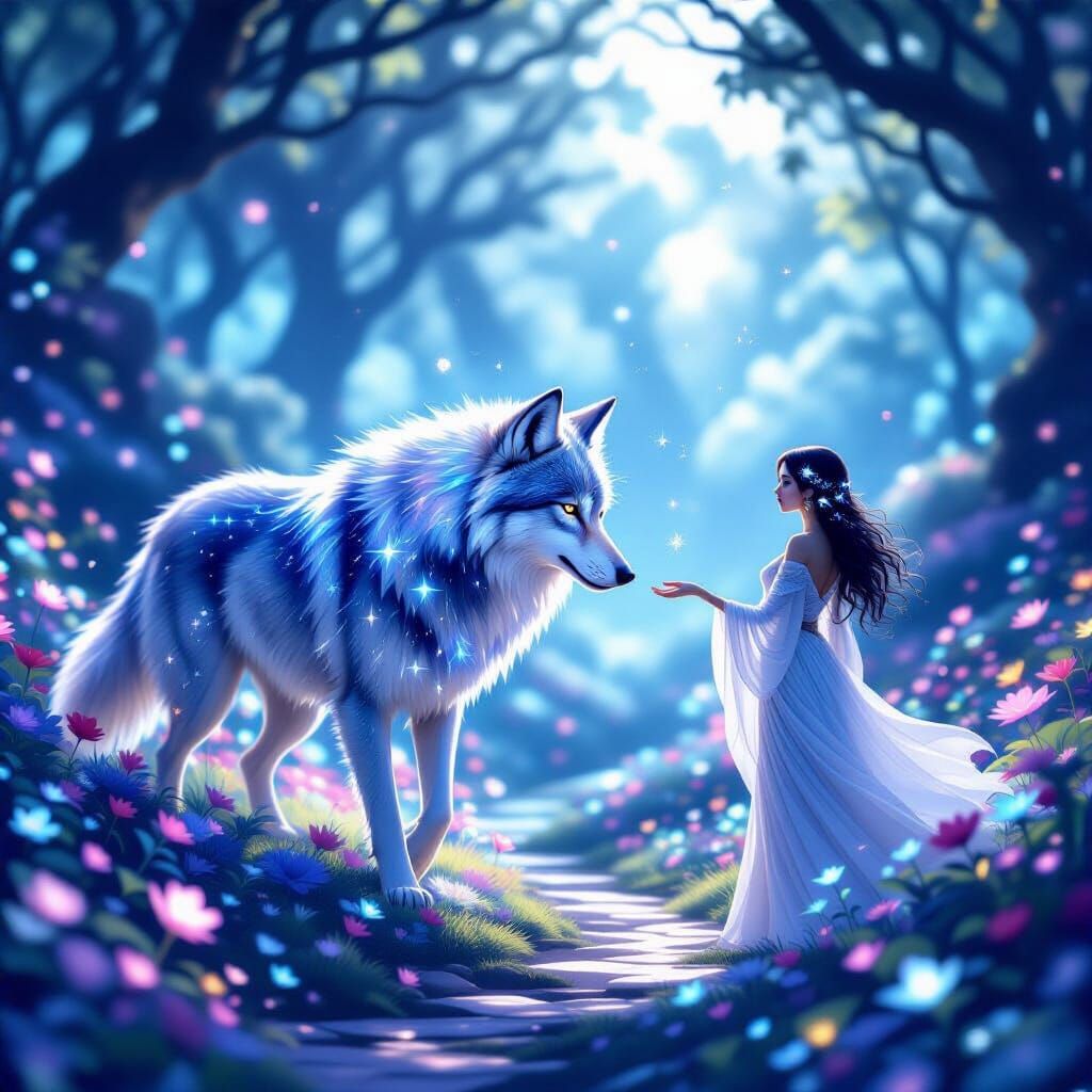 Cosmic Wolf and Woman in Ethereal Garden