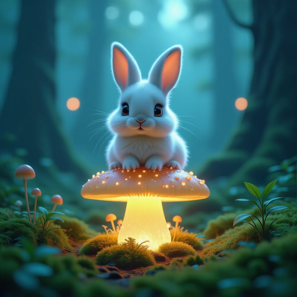 Fluffy Rabbit on Crystal Mushroom in Bioluminescent Forest
