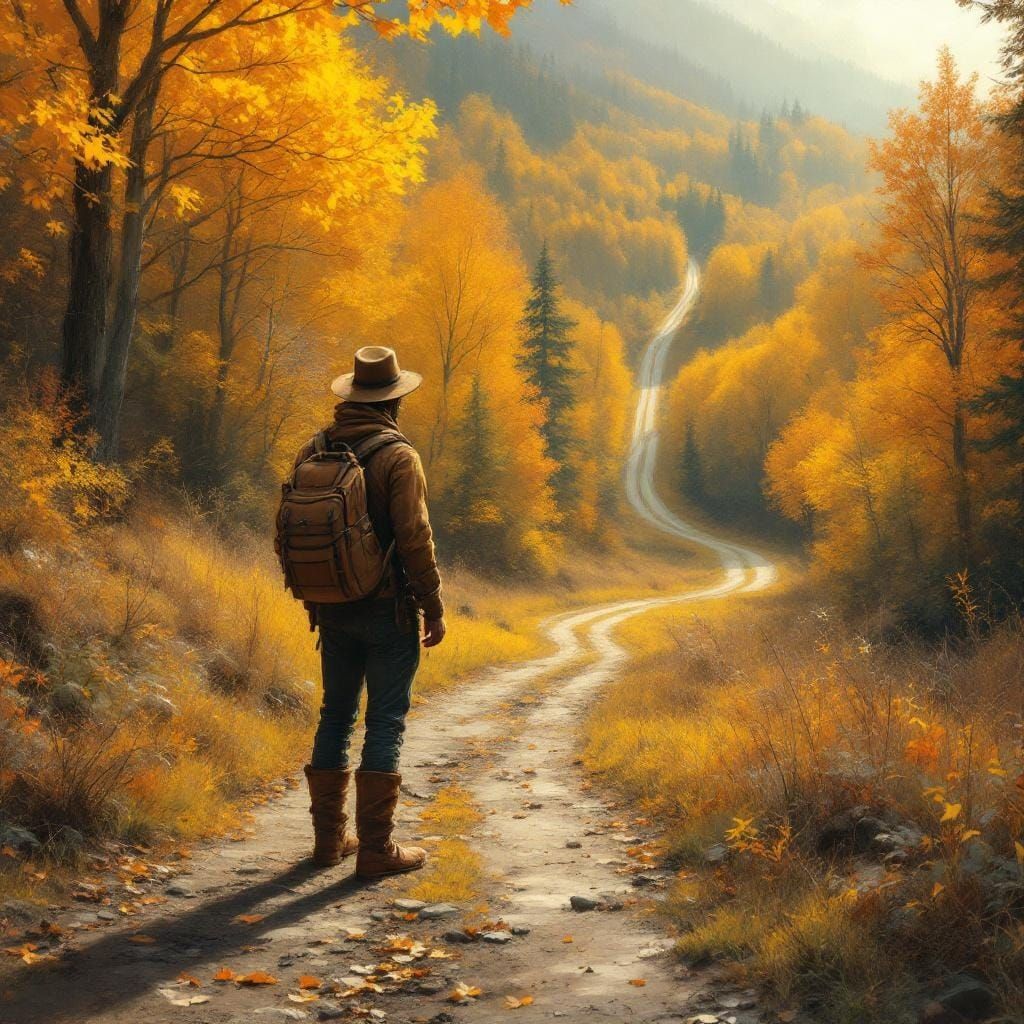 Traveler at Fork in Autumn Wood, Bierstadt Style