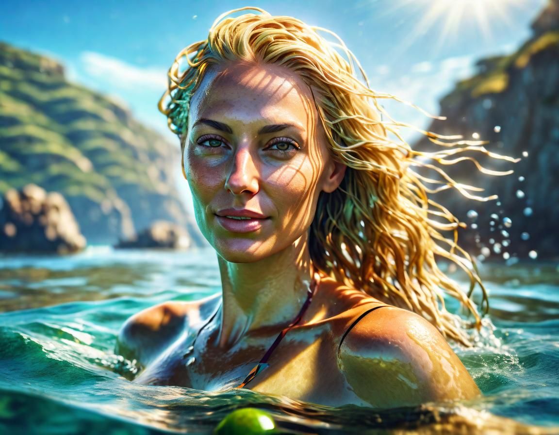 Joyful Blonde Woman Swimming: Renaissance Fantasy Art