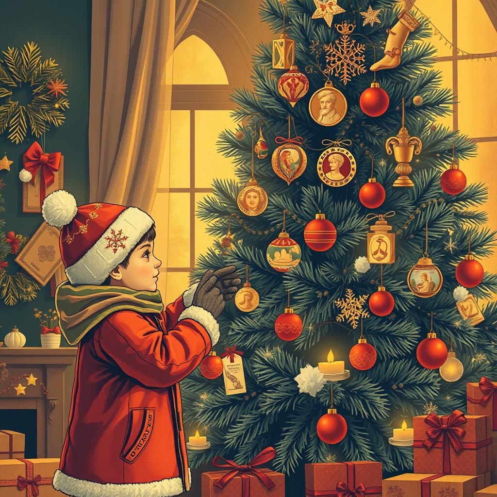 Festive Children Decorate Christmas Tree in Woodcut Style