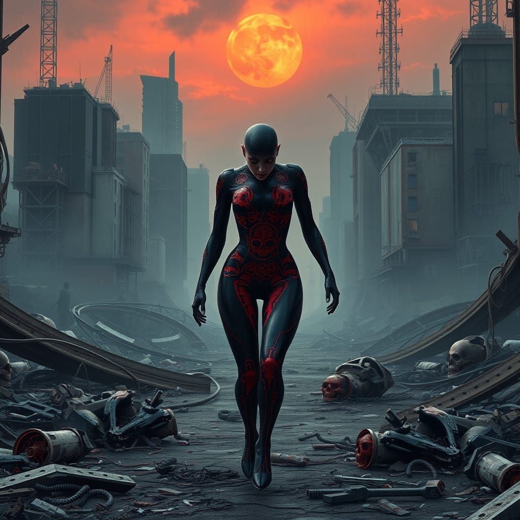 Resilient Figure Walks Through Desolate Dystopian Cityscape....