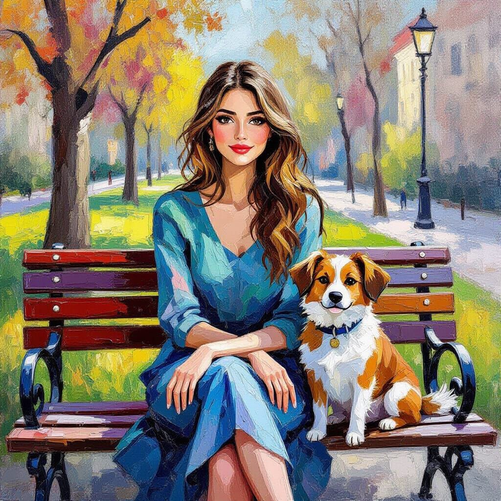 Woman and Dog in Park: Expressionist Oil Painting