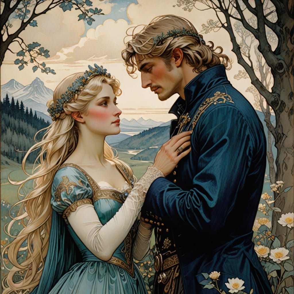 Tender Reunion of Prince and Princess in Whimsical Landscape