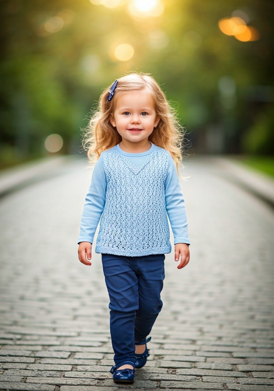 Happy Little Girl Walking on Atmospheric Street