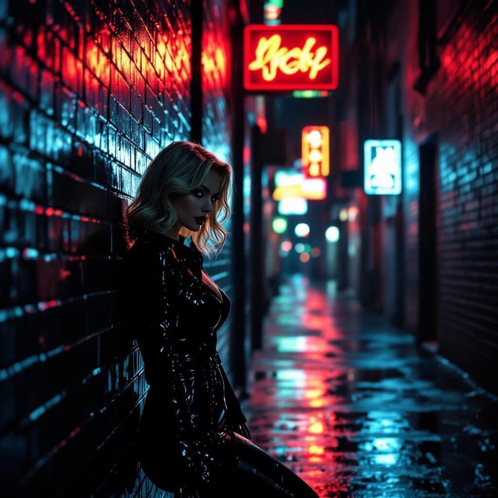 Mysterious Pin-Up Figure in Moody Neon Alley