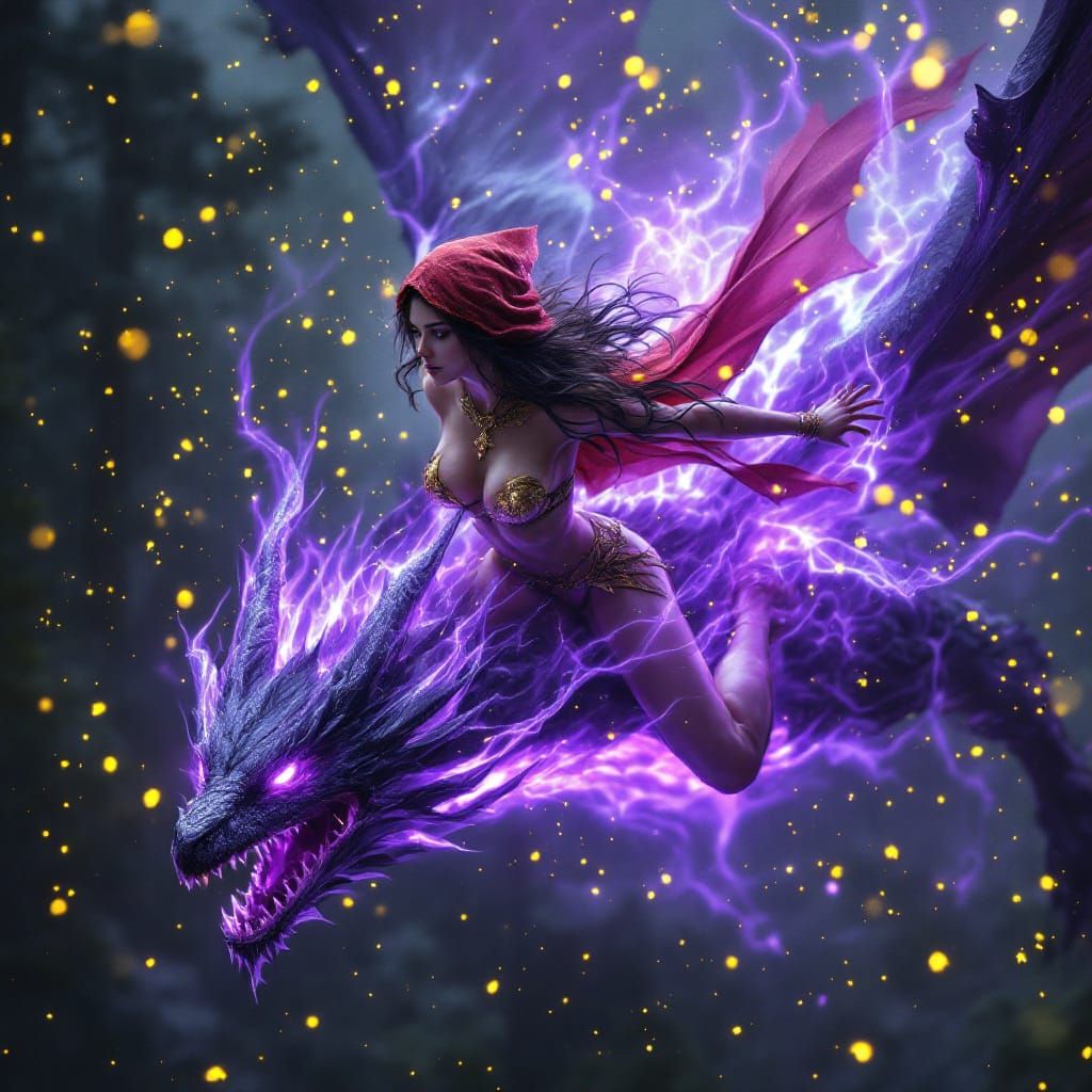 Beautiful Warrior Fae Rides Shadow Dragon in Glitter Storm